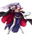  1girl armor bangs belt book boots bracelet breasts bridal_gauntlets cape cleavage collar collarbone dress earrings fingernails fire_emblem fire_emblem:_seisen_no_keifu fire_emblem_heroes floating floating_object full_body high_heel_boots high_heels high_ponytail highres ishtar_(fire_emblem) jewelry large_breasts lips long_hair looking_away medium_breasts official_art open_book parted_lips ponytail purple_dress purple_hair solo suekane_kumiko transparent_background violet_eyes 