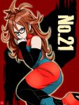  1girl absurdres android_21 arm_warmers blue_eyes brown_hair chris_re5 dragon_ball dragon_ball_fighterz dress earrings glasses hand_on_own_chin high_heels highres hoop_earrings jewelry leggings mismatched_footwear ring signature solo 