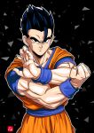  1boy black_eyes black_hair chris_re5 clenched_hand dougi dragon_ball dragonball_z fighting_stance highres male_focus muscle outline serious signature solo son_gohan spiky_hair triangle upper_body wristband 