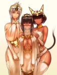  3girls animal_ears bangs bare_shoulders bastet blue_eyes blush breasts bridal_gauntlets brown_hair cat_ears cleavage closed_mouth collarbone covered_navel dark_skin egyptian_mythology elbow_gloves gloves horn hoshara jewelry large_breasts lips long_hair looking_at_viewer multiple_girls original parted_lips pelvic_curtain pointy_ears sidelocks simple_background smile thigh-highs tiara v_arms veil violet_eyes white_gloves white_legwear 