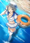  1girl ;d artist_name beach blue_eyes blue_footwear bow breasts cleavage dated earrings from_above full_body grey_hair groin hand_in_hair hat holding innertube jewelry kouno_(uiyoyo199) love_live! love_live!_sunshine!! medium_breasts midriff miniskirt navel necklace one_eye_closed one_leg_raised open_mouth pleated_skirt shirt short_hair short_sleeves skirt smile solo stomach thigh-highs walking watanabe_you white_bow white_hat white_legwear white_shirt white_skirt wrist_cuffs 