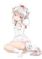  animal_ears blush closed_mouth commentary_request hat highres inubashiri_momiji nyanuki pom_pom_(clothes) red_eyes short_hair socks tail tokin_hat touhou white_background white_legwear 