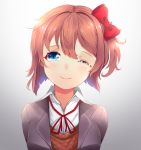 1girl ;) blue_eyes blush bow brown_hair commentary commission doki_doki_literature_club english_commentary gradient gradient_background hair_between_eyes hair_bow happy_tears head_tilt looking_at_viewer one_eye_closed one_side_up red_bow sayori_(doki_doki_literature_club) school_uniform short_hair simple_background smile solo tears tsukimaru upper_body 
