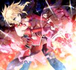  1girl asymmetrical_legwear black_legwear blonde_hair bra breasts choker cleavage detached_sleeves dutch_angle fate/apocrypha fate_(series) floating_hair green_eyes grin highres holding holding_sword holding_weapon long_hair looking_at_viewer medium_breasts midriff mordred_(fate) mordred_(fate)_(all) navel noes ponytail red_bra red_skirt skirt smile solo standing stomach strapless strapless_bra sword thigh-highs under_boob underwear weapon 