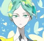  1other androgynous blue_background bug butterfly colored_eyelashes green_eyes green_hair houseki_no_kuni insect looking_at_viewer necktie phosphophyllite short_hair shumiko_(kamenokoueki) solo 