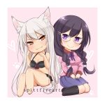  &gt;:3 2girls amanda_evelyn_earl animal_ears barefoot black_bra black_hair black_hanekawa black_legwear black_panties bra braid breasts cat_ears chibi cleavage dual_persona fangs glasses hair_ornament hairclip hanekawa_tsubasa large_breasts long_hair monogatari_(series) multiple_girls panties paw_pose school_uniform silver_hair sitting skirt slit_pupils smile twin_braids underwear very_long_hair violet_eyes yellow_eyes 