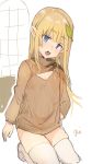  1girl blonde_hair blue_eyes brown_sweater commentary_request copyright_request elf flat_chest hand_on_hip head_tilt highres hiranko kneeling leaf leaf_on_head long_hair long_sleeves looking_at_viewer meme_attire open-chest_sweater open_mouth pointy_ears ribbed_sweater signature sketch skindentation solo sweater thigh-highs white_legwear 