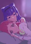  2girls bare_shoulders bed_sheet black_hairband blush chocokin choker double_bun expressionless eyebrows_visible_through_hair eyes_visible_through_hair hair_ornament hairband hugtto!_precure long_hair lying multiple_girls nono_hana on_bed pajamas pillow pink_eyes pink_hair precure purple_hair ruru_amour sidelocks spaghetti_strap stalking violet_eyes wavy_mouth 