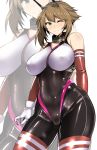  1girl adapted_costume arm_behind_back bangs bare_shoulders blush bodysuit breasts brown_hair closed_mouth collar collarbone covered_navel elbow_gloves eyebrows_visible_through_hair flipped_hair gloves green_eyes hairband highres hips kantai_collection koujun_(mugenzero) large_breasts looking_at_viewer metal_collar mutsu_(kantai_collection) one_eye_closed radio_antenna red_legwear shiny shiny_clothes short_hair sidelocks skin_tight smile solo striped striped_legwear thighs waist white_background white_gloves zoom_layer 