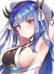  1girl absurdres armpits arms_behind_head arms_up azur_lane bangs blue_eyes blue_hair blush breasts closed_mouth detached_sleeves eyebrows_visible_through_hair heterochromia highres horns ibuki_(azur_lane) large_breasts long_hair long_sleeves red_eyes ribbon sideboob sidelocks simple_background solo under_boob underboob_cutout white_background white_ribbon yayoichi_(yoruyoru108) 