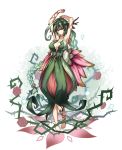  1girl armpits arms_up bangs bare_shoulders barefoot blindfold breasts cleavage closed_mouth collarbone dress facing_viewer flower green_dress green_hair head_tilt highres kazana_(sakuto) large_breasts long_hair original plant_girl red_flower red_rose rose solo standing thorns very_long_hair 
