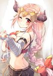  1girl ;) aliza_(granblue_fantasy) bandage bandaged_arm blush bow braid breasts cleavage commentary_request draph granblue_fantasy hair_bow headpiece highres horns long_hair looking_at_viewer looking_to_the_side medium_breasts one_eye_closed oruto_(ort+) pink_hair pointy_ears red_bow red_eyes single_braid smile solo upper_body 