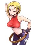  1girl abs armpits bare_shoulders belt blonde_hair blue_eyes blue_mary breasts crop_top fatal_fury fingerless_gloves gloves halter_top halterneck highres large_breasts midriff misonou_hirokichi muscle navel pants short_hair smile snk solo straight_hair the_king_of_fighters 