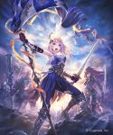  2girls armored_boots armpits banner black_pants blue_eyes blue_pants boots breasts clouds cloudy_sky day floating_hair gloves granblue_fantasy hair_ornament highres hisakata_souji holding holding_sword holding_weapon jeanne_d&#039;arc_(granblue_fantasy) knee_boots long_hair looking_at_viewer medium_breasts multiple_girls outdoors pants red_gloves redhead silver_hair sky solo_focus standing sword torn_clothes torn_pants weapon 