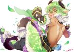  1boy absurdres animal_ears dark_skin dark_skinned_male gajel_(last_period) gloves green_hair highres horns last_period looking_at_viewer multicolored_hair official_art open_mouth smile solo two-tone_hair white_hair yellow_eyes 