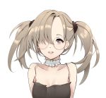  1girl arms_at_sides asymmetrical_hair bangs bare_arms bare_shoulders breasts camisole cleavage collar collarbone commentary cuna_(qunya) dot_nose forehead frilled_collar frills girls_frontline glasses grey_camisole grey_hair grin hair_intakes hair_over_one_eye highres hk21_(girls_frontline) lips long_hair looking_at_viewer open_mouth parted_bangs parted_lips pink_eyes raised_eyebrows round_eyewear shiny shiny_hair shirt simple_background sleeveless sleeveless_shirt small_breasts smile solo spaghetti_strap strap_gap teeth twintails upper_body white_background 