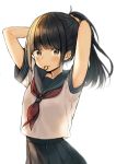  1girl arms_up bangs black_hair black_sailor_collar black_skirt blush brown_eyes commentary_request eyebrows_visible_through_hair hair_tie hair_tie_in_mouth high_ponytail long_hair looking_at_viewer midorikawa_you mouth_hold neckerchief original pleated_skirt ponytail red_neckwear sailor_collar school_uniform serafuku shirt short_sleeves sidelocks simple_background skirt solo tying_hair white_background white_shirt 