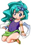  1girl armlet blue_eyes bracelet cape child earrings final_fantasy final_fantasy_iv green_hair green_sarong hair_ornament jewelry leotard long_hair nakagami_takashi purple_leotard rydia sandals sarong single_pauldron sitting solo wavy_hair white_cape 