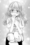  1girl ajiichi ass blush crying eyebrows_visible_through_hair finger_to_mouth monochrome original panties school_uniform solo tears twintails underwear 