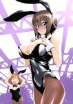  2girls animal_ears bangs black_legwear black_leotard blush bob_cut bow bowtie breasts brown_eyes brown_hair bunny_tail bunnysuit caramelldansen closed_mouth detached_collar embarrassed girls_und_panzer hand_on_own_chest highres large_breasts leotard multiple_girls nakahira_guy nishizumi_maho nishizumi_miho open_mouth pantyhose rabbit_ears short_hair siblings sisters tail wrist_cuffs 