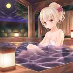  1girl bangs bath bathing blonde_hair blunt_bangs breasts clouds collarbone eyebrows_visible_through_hair fence full_moon hair_ornament hair_scrunchie hair_up head_tilt holding holding_towel lamp looking_at_viewer moon naked_towel night night_sky outdoors partially_submerged rouche_(shironeko_project) scrunchie shironeko_project sitting sky small_breasts smile solo stone_wall towel tree wall wooden_fence yellow_eyes yj_(yujay2837) 
