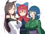  3girls :d :o animal_ears bangs blue_eyes blue_hair blush bow breasts brooch brown_hair cape cleavage dress drill_hair fang_out frilled_kimono frills green_kimono hair_bow head_fins heart heart-shaped_pupils imaizumi_kagerou japanese_clothes jewelry kimono large_breasts licking_lips long_hair looking_at_viewer midarin multiple_girls obi off-shoulder_dress off_shoulder open_mouth red_eyes redhead sash sekibanki shiny shiny_hair short_hair smile sweatdrop swept_bangs symbol-shaped_pupils tongue tongue_out touhou unmoving_pattern wakasagihime white_background wolf_ears 