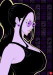  1girl absurdres black_hair breasts chris_re5 cleavage closed_eyes copyright_name earrings from_side highres jewelry large_breasts long_hair nico_robin one_piece outline patterned_background ponytail signature solo sunglasses tank_top 