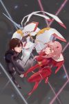  1boy 1girl absurdres black_bodysuit black_hair bodysuit commentary couple darling_in_the_franxx fringe gloves hair_ornament hairband hetero highres hiro_(darling_in_the_franxx) hkae horns long_hair mecha oni_horns pilot_suit pink_hair red_bodysuit red_horns short_hair strelizia violet_eyes white_bodysuit white_hairband zero_two_(darling_in_the_franxx) 