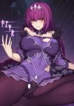  1girl bangs blush breasts caster_(lostbelt) circlet clenched_teeth covered_navel crotch_seam dress evan_yang eyebrows_visible_through_hair fate/grand_order fate_(series) hair_between_eyes hand_up highres large_breasts long_hair looking_at_viewer pantyhose purple_dress purple_hair purple_legwear red_eyes short_dress sitting solo teeth thighband_pantyhose thighs 