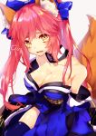  1girl animal_ears bare_shoulders blue_bow blue_legwear blush bow breasts choker cleavage detached_sleeves eyebrows fang fate/extra fate_(series) fox_ears fox_tail fujikiri_yana gradient gradient_background grey_background hair_bow highres long_hair looking_at_viewer medium_breasts open_mouth pink_hair solo tail tamamo_(fate)_(all) tamamo_no_mae_(fate) tears thigh-highs twintails yellow_eyes 