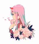  1girl closed_mouth commentary darling_in_the_franxx english_commentary eyeshadow flower flower_request from_side green_eyes holding holding_flower horns long_hair makeup nude petals pink_hair plant satchely simple_background solo upper_body vines white_background zero_two_(darling_in_the_franxx) 