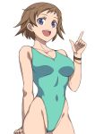  1girl aqua_swimsuit blue_eyes bracelet breasts brown_hair collarbone covered_navel cowboy_shot gundam gundam_build_divers hai_(h81908190) highleg highleg_swimsuit index_finger_raised jewelry looking_at_viewer medium_breasts nanase_nanami_(gundam_build_divers) open_mouth short_hair simple_background solo standing swimsuit white_background 