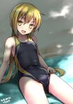  1girl alternate_costume artist_name black_swimsuit blonde_hair competition_swimsuit cowboy_shot dappled_sunlight dated highres kantai_collection long_hair looking_at_viewer low_twintails one-piece_swimsuit open_mouth satsuki_(kantai_collection) sitting smile solo sunlight swimsuit tsuchimiya twintails yellow_eyes 