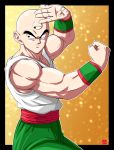  1boy bald black_border black_eyes border chris_re5 clenched_hand dragon_ball dragonball_z fighting_stance from_side highres looking_to_the_side male_focus muscle outline outside_border serious signature solo tank_top tenshinhan third_eye wristband 