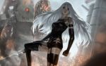  1girl after_battle android black_gloves black_shorts clenched_hand dirty elbow_gloves gloves long_hair looking_at_viewer machine_(nier) mole mole_under_mouth nier_(series) nier_automata raikoart robot_joints serious short_shorts shorts solo sword thigh-highs weapon yorha_type_a_no._2 