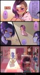  2girls ? asymmetrical_hair atobesakunolove bedroom bikini blanket blue_hair blue_skin bodysuit brown_hair chinese d.va_(overwatch) gameplay_mechanics highres multiple_girls overwatch ponytail poster_(object) purple_hair sick sombra_(overwatch) speech_bubble stuffed_animal stuffed_toy sweatdrop swimsuit tan temperature translation_request triangle_mouth violet_eyes whisker_markings white_bikini widowmaker_(overwatch) yellow_eyes 