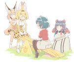  4girls animal_ears backpack bag black_gloves black_hair black_legwear blush bow bowtie caracal_(kemono_friends) fur_collar gloves hat_feather helmet high-waist_skirt hippopotamus_(kemono_friends) kaban_(kemono_friends) kemono_friends multiple_girls open_mouth pantyhose pith_helmet print_gloves red_shirt seesaw serval_(kemono_friends) serval_ears serval_print serval_tail shirt short_hair shorts sitting skirt sleeveless sleeveless_shirt striped_tail tail zawashu 