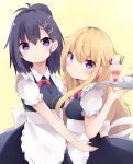  2girls apron bangs black_dress black_hair blonde_hair blush breasts closed_mouth collared_dress commentary_request cup dress eyebrows_visible_through_hair gabriel_dropout hair_between_eyes hand_up highres holding holding_tray kyuukon_(qkonsan) long_hair looking_at_viewer medium_breasts multiple_girls parfait pink_ribbon puffy_short_sleeves puffy_sleeves ribbon short_sleeves simple_background smile teacup tenma_gabriel_white tray tsukinose_vignette_april very_long_hair violet_eyes wafer_stick waist_apron waitress white_apron yellow_background 
