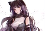  1girl black_hair blake_belladonna bow commentary_request ecru hair_bow long_hair looking_back rwby sleeveless solo white_background yellow_eyes 