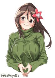  1girl alternate_costume amagi_(kantai_collection) blush breasts brown_eyes brown_hair ebifurya green_sweater hair_ornament head_tilt high_ponytail highres interlocked_fingers kantai_collection large_breasts leaf_hair_ornament lips long_hair looking_at_viewer mole mole_under_eye ponytail ribbed_sweater sidelocks smile sweater turtleneck turtleneck_sweater twitter_username wide_ponytail 