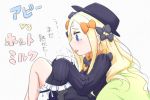  1girl abigail_williams_(fate/grand_order) bangs black_bow black_dress black_hat blonde_hair bloomers blue_eyes blush bow bug butterfly commentary_request dress fate/grand_order fate_(series) hair_bow hat highres holding_mug insect long_hair long_sleeves neon-tetora orange_bow parted_bangs pillow profile sleeves_past_fingers sleeves_past_wrists solo steam tears tongue tongue_out translation_request underwear very_long_hair white_bloomers 