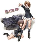  2girls akiyama_yukari brown_eyes brown_hair girls_und_panzer ground_vehicle highres military military_vehicle motor_vehicle multiple_girls nishizumi_miho ooarai_military_uniform panzerkampfwagen_iv short_hair skirt tank white_background yamashita_shun&#039;ya 