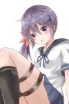  &gt;:o 1girl akebono_(kantai_collection) bell black_legwear blue_skirt eyebrows_visible_through_hair flower hair_bell hair_between_eyes hair_flower hair_ornament jingle_bell kanata_(ntgmwtn) kantai_collection kneehighs long_hair looking_at_viewer pleated_skirt purple_hair school_uniform serafuku short_sleeves side_ponytail simple_background sitting skirt solo thigh_strap very_long_hair violet_eyes white_background 