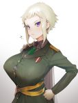 1girl belt blush breasts cape closed_mouth collared_shirt copyright_request gradient gradient_background green_jacket grey_background grey_shirt hand_on_hip highres huge_breasts jacket looking_at_viewer marchen_madchen maria_rasputin military military_uniform ohisashiburi shirt short_hair sidelocks silver_hair solo uniform upper_body violet_eyes white_background wing_collar 