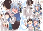  &gt;_&lt; 1boy 1girl :d admiral_(kantai_collection) aqua_neckwear aqua_skirt black_hair blue_hair blue_sailor_collar blush brown_eyes character_name commentary_request dixie_cup_hat double_bun eyebrows_visible_through_hair fang hat heart holding kantai_collection long_sleeves military military_hat military_uniform miniskirt naval_uniform neckerchief open_mouth pleated_skirt sailor_collar samuel_b._roberts_(kantai_collection) school_uniform serafuku short_hair skirt sleeve_cuffs smile suzuki_toto tears translation_request twitter_username uniform v-shaped_eyebrows white_hat 