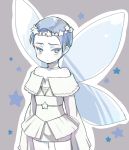  1other alternate_costume amimi androgynous bare_shoulders cairngorm_(houseki_no_kuni) choker colored_eyelashes dress fairy_wings grey_background grey_hair houseki_no_kuni looking_at_viewer pout short_hair silver_hair sleeves_past_wrists solo white_dress wings 