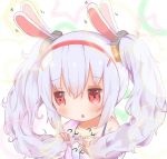  1girl :o afterimage animal_ears azur_lane bangs bare_shoulders blush camisole collarbone commentary_request ear_wiggle eyebrows_visible_through_hair hair_between_eyes hair_grab hair_ornament hairband jacket laffey_(azur_lane) long_hair mugichoko_(mugi_no_choko) off_shoulder open_clothes open_jacket parted_lips pink_jacket rabbit_ears red_eyes red_hairband sidelocks silver_hair solo star twintails white_camisole 