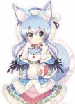  1girl animal animal_ears aqua_eyes coat copyright_request dog dress gloves holding holding_animal holding_dog looking_at_viewer rento_(rukeai) silver_hair solo tail 