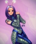  1girl antennae black_eyes breasts detached_sleeves guardians_of_the_galaxy hands_together highres interlocked_fingers mantis_(marvel) marvel medium_breasts purple_hair robert_porter signature sleeves_past_wrists smile solo 