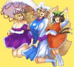  3girls :d absurdres animal_ears arched_back arms_up bangs bare_shoulders blonde_hair blush breasts brown_hair cat_ears cat_tail chanta_(ayatakaoisii) chen cleavage closed_eyes collarbone collared_vest commentary_request dress elbow_gloves eyebrows_visible_through_hair fang floating_hair fox_tail frilled_dress frills full_body gloves green_hat hands_up happy hat hat_ribbon high_collar highres holding holding_umbrella jumping kirara_jump large_breasts long_hair long_sleeves looking_at_another midriff_peek mob_cap multiple_girls multiple_tails navel nekomata off-shoulder_dress off_shoulder open_mouth orange_eyes parasol pillow_hat puffy_short_sleeves puffy_sleeves purple_dress red_eyes red_skirt red_vest ribbon shirt short_hair short_sleeves shorts simple_background skirt skirt_set sleeves_rolled_up slit_pupils smile socks strapless strapless_dress tabard tail touhou two_tails umbrella v-shaped_eyebrows v_arms vest white_dress white_gloves white_legwear white_shirt wide_sleeves yakumo_ran yakumo_yukari yellow_background 